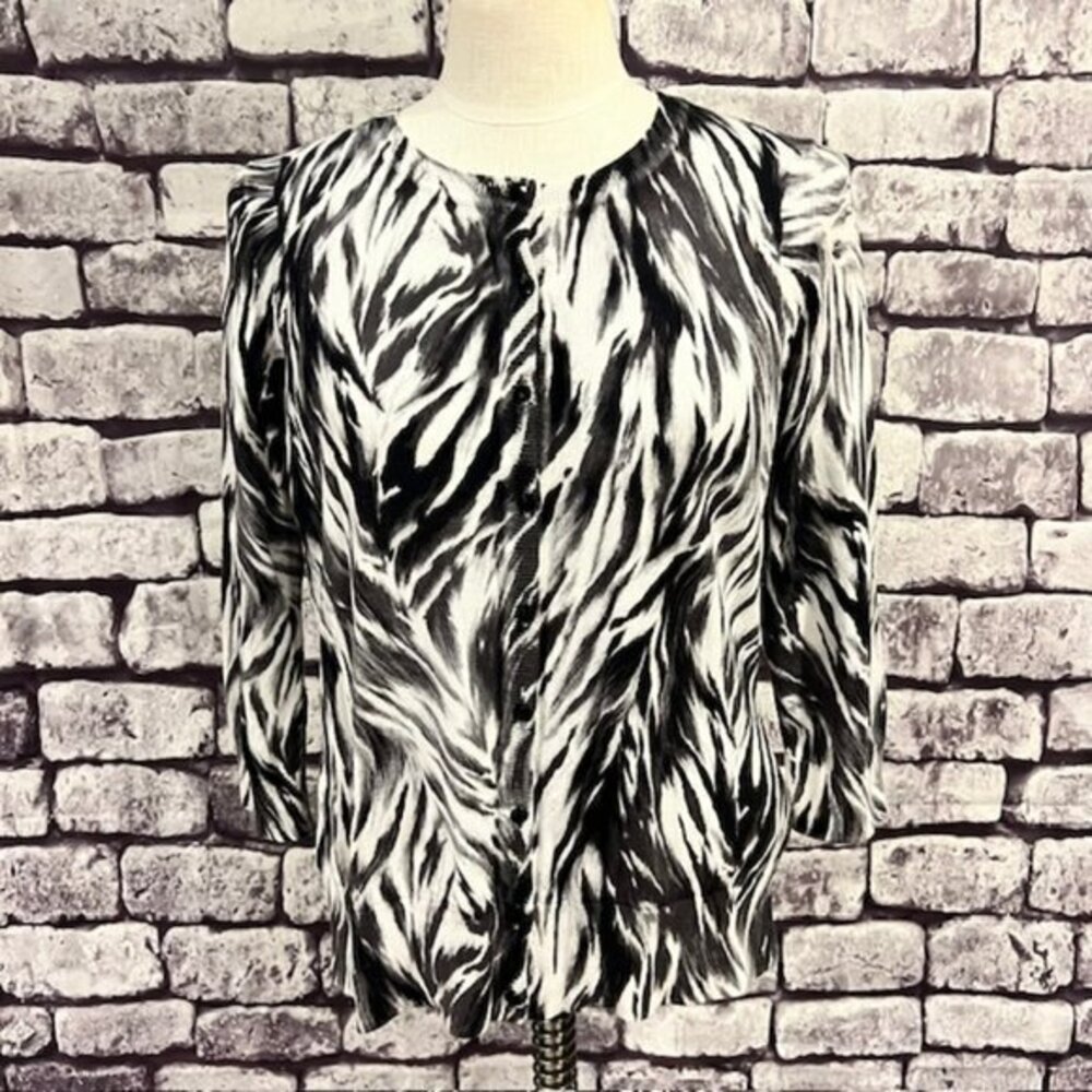 Talbots Black, White & Gray Button Down Cardigan Sweater Size L